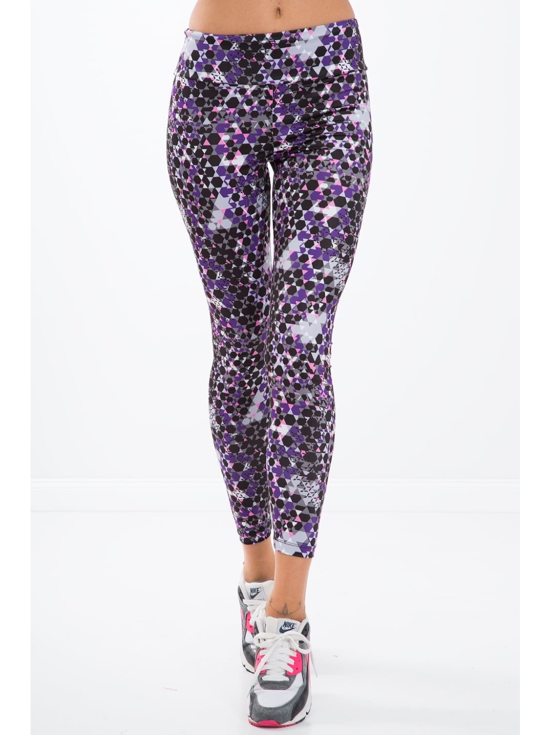 Colorful sports leggings in geometric shapes / purple H0010 - Online store - Boutique